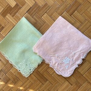 Two vintage linen handkerchiefs powder pink pastel green hand embroidery